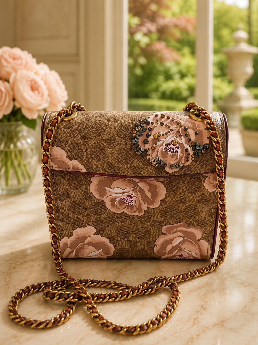 COACH Parker 18 Embellished Signature Rose Print | Tea Rose Turnlock - Picture 2 of 7